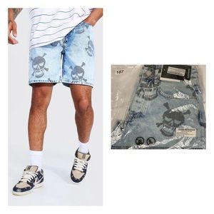 Relaxed Fit Skull Aop Denim Short